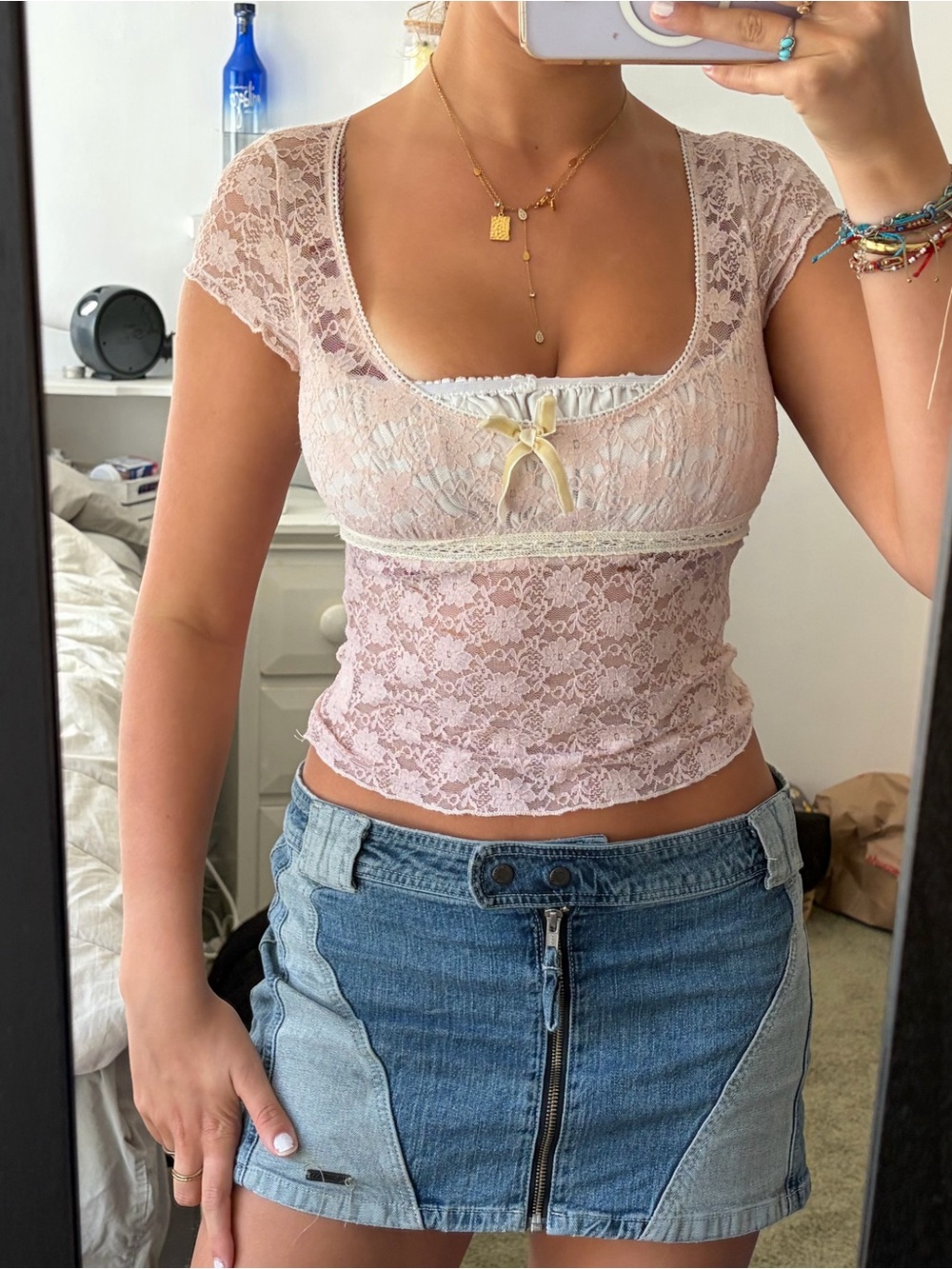 Pink lace crop top with bow detail